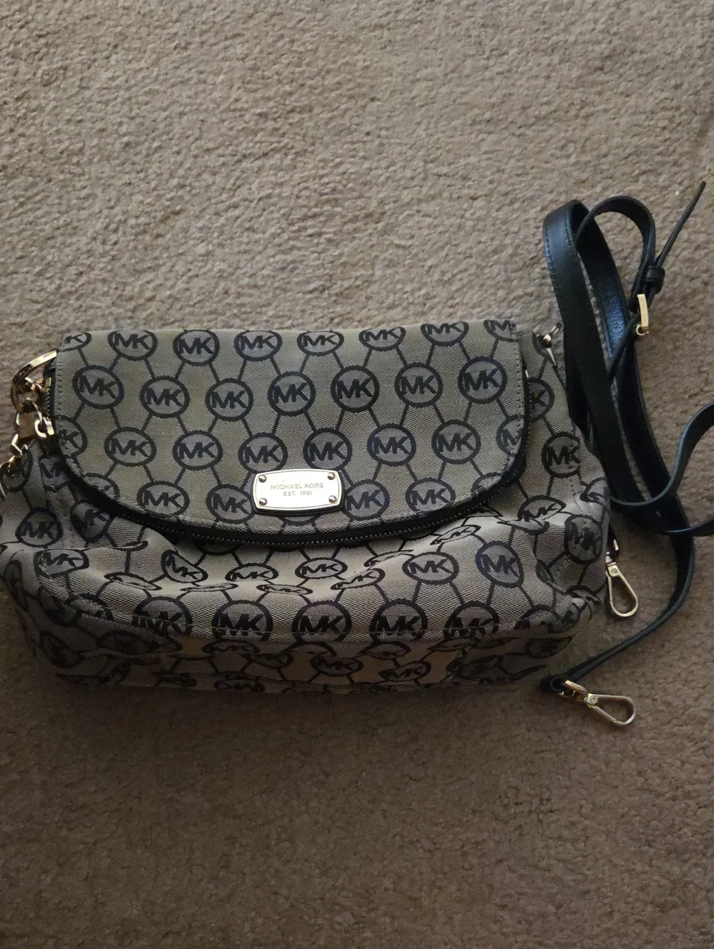 Michael Kors Beige and Black Logo Crossbody with Gold Hardware